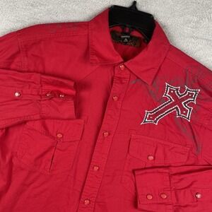 Embroidered Cross Shirt Mens Small Red Pearl Snap Y2K Western Pocket Danesi